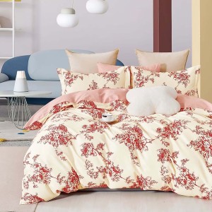 Lenjerie de pat percale cu model floral roșu din bumbac 100%, set de 3 piese.
