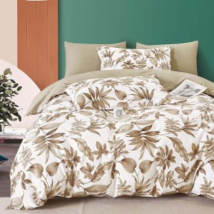 Lenjerie de pat percale cu model frunze maro pe fundal alb din bumbac 100%, set de 3 piese.
