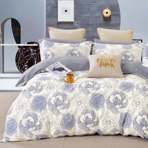 Lenjerie de pat percale cu model trandafiri bleu din bumbac 100%, set de 3 piese.