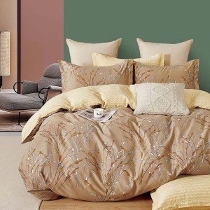 Lenjerie de pat percale cu model ramuri maro din bumbac 100%, set de 3 piese.