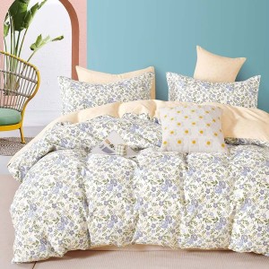 Lenjerie de pat percale flori albastre și galbene pe fond crem, set de 3 piese, pat de 1 persoană, bumbac 100%, fabricată în România