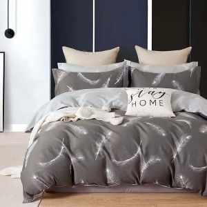 Lenjerie de pat percale pene albe pe fond gri, set de 3 piese, pat de 1 persoană, bumbac 100%, fabricată în România