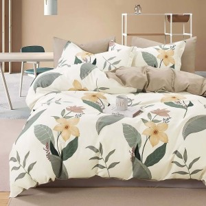 Lenjerie de pat percale flori galbene și frunze verzi pe fond crem, set de 3 piese, pat de 1 persoană, bumbac 100%, fabricată în România