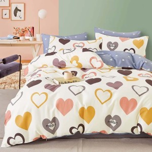 Lenjerie de pat percale inimi multicolore pe fond crem, set de 3 piese, pat de 1 persoană, bumbac 100%, fabricată în România
