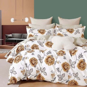 Lenjerie de pat percale trandafiri maro pe fond alb, set de 3 piese, pat de 1 persoană, bumbac 100%, fabricată în România