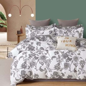 Lenjerie de pat percale flori gri pe fond alb, set de 3 piese, pat de 1 persoană, bumbac 100%, fabricată în România