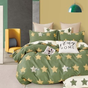 Lenjerie de pat percale stele galbene și verzi pe fond verde și crem, set de 3 piese, pat de 1 persoană, bumbac 100%, fabricată în România