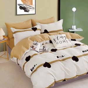 Lenjerie de pat percale inimi negre și dungi maro pe fond alb, set de 3 piese, pat de 1 persoană, bumbac 100%, fabricată în România