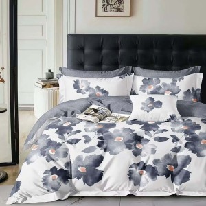 Lenjerie de pat percale flori negre și gri pe fond alb, set de 3 piese, pat de 1 persoană, bumbac 100%, fabricată în România