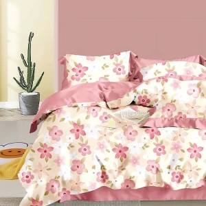 Lenjerie de pat percale flori roz pe fond alb, set de 3 piese, pat de 1 persoană, bumbac 100%, fabricată în România