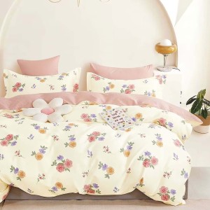 Lenjerie de pat percale flori mov și roz pe fond alb, set de 3 piese, pat de 1 persoană, bumbac 100%, fabricată în România