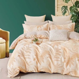Lenjerie de pat percale cu frunze crem pe fond bej, set de 3 piese, pat de 1 persoană, bumbac 100%, fabricată în România