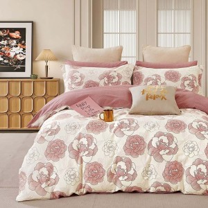 Lenjerie de pat percale cu flori roz pe fond alb, set de 3 piese, pat de 1 persoană, bumbac 100%, fabricată în România