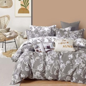 Lenjerie de pat percale gri cu flori albe, set de 3 piese, pat de 1 persoană, bumbac 100%, fabricată în România