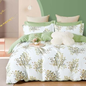 Lenjerie de pat percale ramuri verzi și maro pe fond alb, set de 6 piese, bumbac 100%, fabricată în România