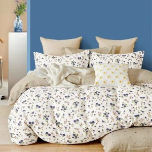 Lenjerie de pat percale cu trandafiri mov și verzi, set de 6 piese din bumbac 100% pentru pat dublu, produsă în România