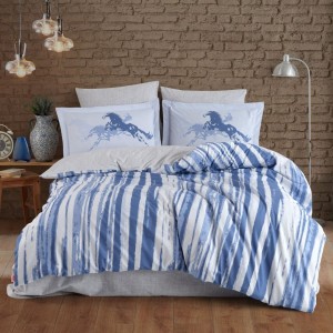 Lenjerie de pat dublu din poplin percale Hobby Home cu design modern în dungi albastre și cai