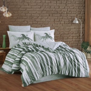 Lenjerie de pat dublu din poplin percale Hobby Home cu design modern în dungi verzi și imprimeu cu cai