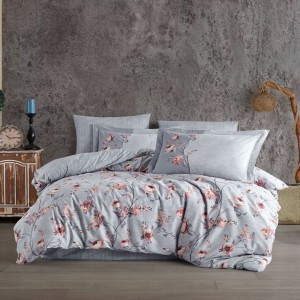 Lenjerie de pat dublu din poplin percale Hobby Home cu design floral elegant în nuanțe de gri și roz