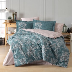 Lenjerie de pat dublu din poplin percale Hobby Home cu design floral sofisticat în nuanțe de maro și crem