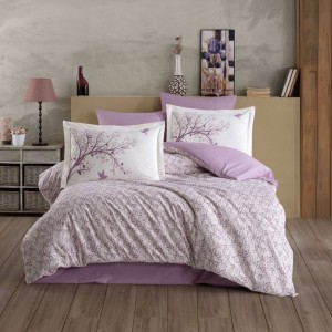 Lenjerie de pat dublu din poplin percale Hobby Home cu design elegant în nuanțe de lila și alb