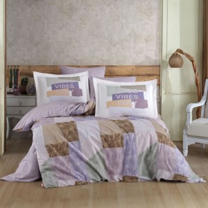 Lenjerie de pat dublu din poplin percale Hobby Home cu design modern în nuanțe pastelate și mesajul 