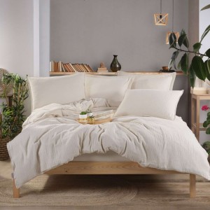 Lenjerie pat premium de lux din muselina si bumbac satinat,cearceaf pilota 200x220cm, Crem