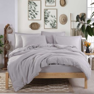 Lenjerie pat premium de lux din muselina si bumbac satinat,cearceaf pilota 200x220cm, Gri deschis