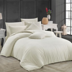 Lenjerie de pat crem, dungi fine, 100% bumbac satinat, set 7 piese.