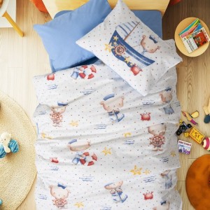 Set lenjerie pătuț Seaman Bleu Cotton Box din bumbac 100 % ranforce, imprimeu ursuleț marinar, corăbioară și elemente nautice pe fond alb cu buline