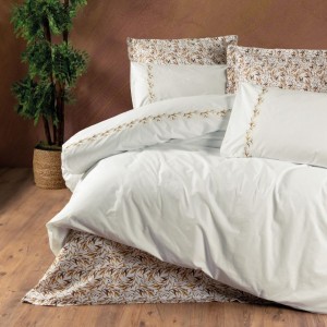 Lenjerie de pat brodata Polite Cinnamon, bumbac 100% ranforce, set 6 piese, alb cu broderie si imprimeu vegetal in nuante de caramiziu