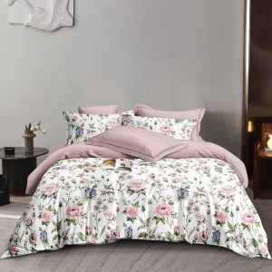 Lenjerie pat dublu model flori de gradina pastel 1+1 gratis microfibra