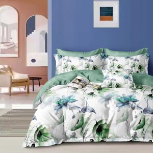 Lenjerie pat dublu model flori pictate in nuante de verde, albastru 1+1 gratis microfibra