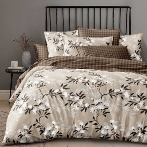 Lenjerie pat dublu model floral alb cu frunze 1+1 gratis microfibra