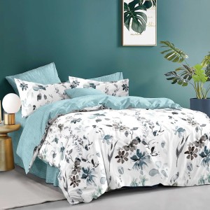 Lenjerie pat dublu model floral pictat bleu-gri 1+1 gratis microfibra