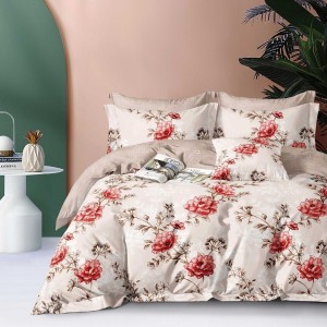 Lenjerie pat dublu model flori rosii vintage 1+1 gratis microfibra