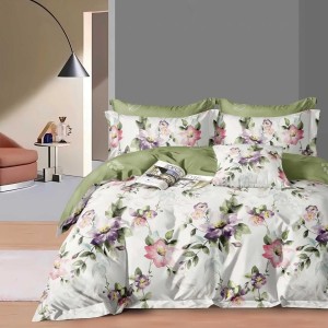 Lenjerie pat dublu model flori acuarela roz mov 1+1 gratis microfibra