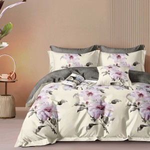 Lenjerie pat dublu model flori roz pastel crem 1+1 gratis microfibra