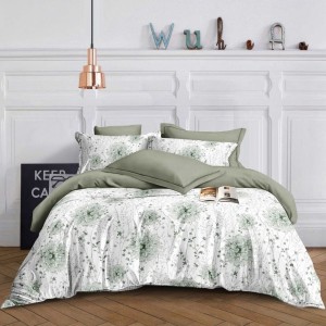 Lenjerie pat dublu model flori verzi delicate 1+1 gratis microfibra