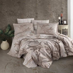 Lenjerie de pat din bumbac satinat Alisa Cotton Box, set 4 piese, design elegant cu frunze, culori maro și bej.