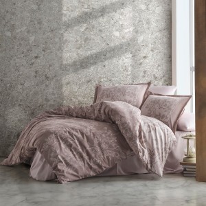 Lenjerie de pat dublu satin de lux roz pal cu design de frunze și flori