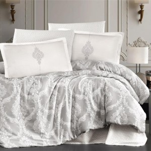 Lenjerie de pat dublu satin de lux gri cu design damasc alb