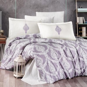 lenjerie pat dublu, satin de lux, Kaldera, design damasc, lila, alb, bumbac satinat, set 4 piese