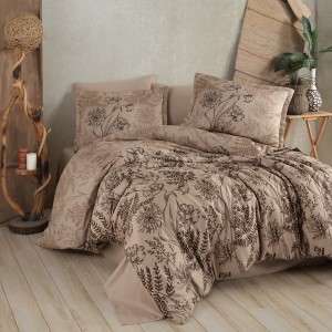 Lenjerie de pat dublu satin de lux bej cu design floral maro închis și frunze delicate