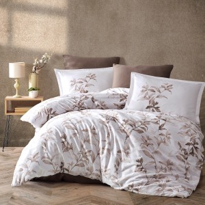 Lenjerie de pat dublu satin de lux alb cu design de frunze maro