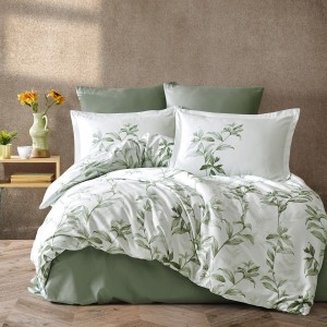 Lenjerie de pat dublu satin de lux alb cu design de frunze verzi