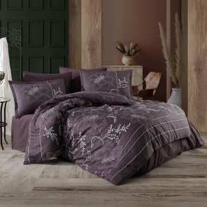 Lenjerie de pat dublu satin de lux mov închis cu design de flori gri și linii albe