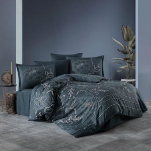 Lenjerie de pat dublu satin de lux albastru petrol cu design de flori gri și linii albe