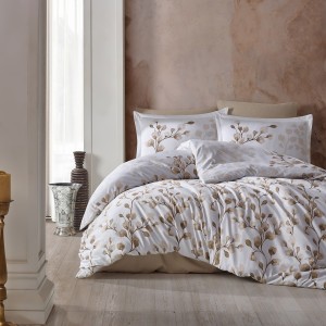 Lenjerie de pat dublu satin de lux alb cu design de frunze maro deschis și ramuri