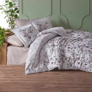 Lenjerie de pat din bumbac satinat Puha Cotton Box, set 4 piese, design floral delicat, culori maro și bej.